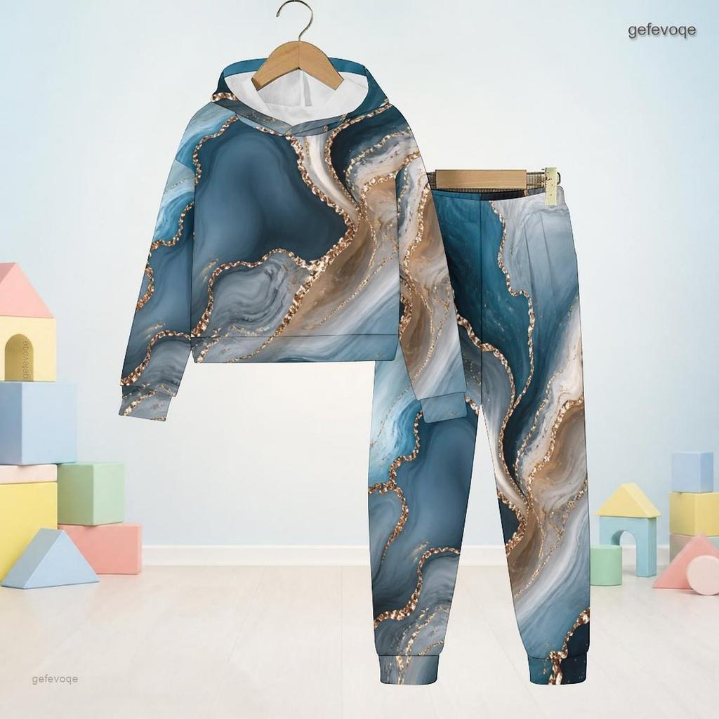 Kids Boys Girls Hooded Long Sleeve Colorful Printed Sweatshirt And Cuffed Pants Two Piece Set
