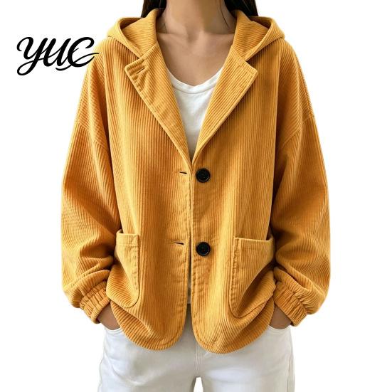 Everyday Layering Piece Autumn Winter Casual Coat, Hoolded Long Sleeve Jacket, Comfortable Commuter Apparel Loose Fit Vertical Corduroy Outerwear with
