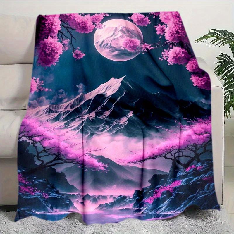 Multifunctional Mount Fuji Blanket - Lightweight Flannel All-Season Sofa Bed Throw with Cherry Blossom & Mountain Night Sky