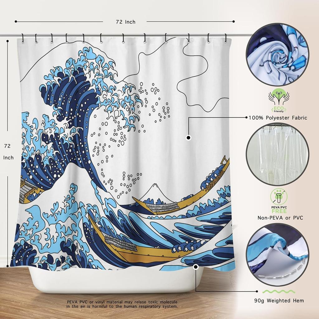 Cool Japanese Asian Art Modern Blue Anime Ocean The Great Waves Kanagawa of Hokusai Aesthetic Waterproof Curtain with Hooks,