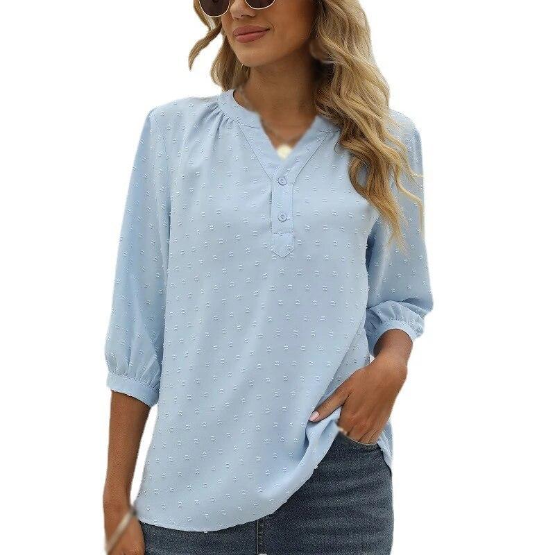 Women's Casual 3/4 Sleeve Henry Shirt V-Neck Button Down Chiffon Blouses Swiss Dot Blouse Pompom Loose T-Shirts Tops