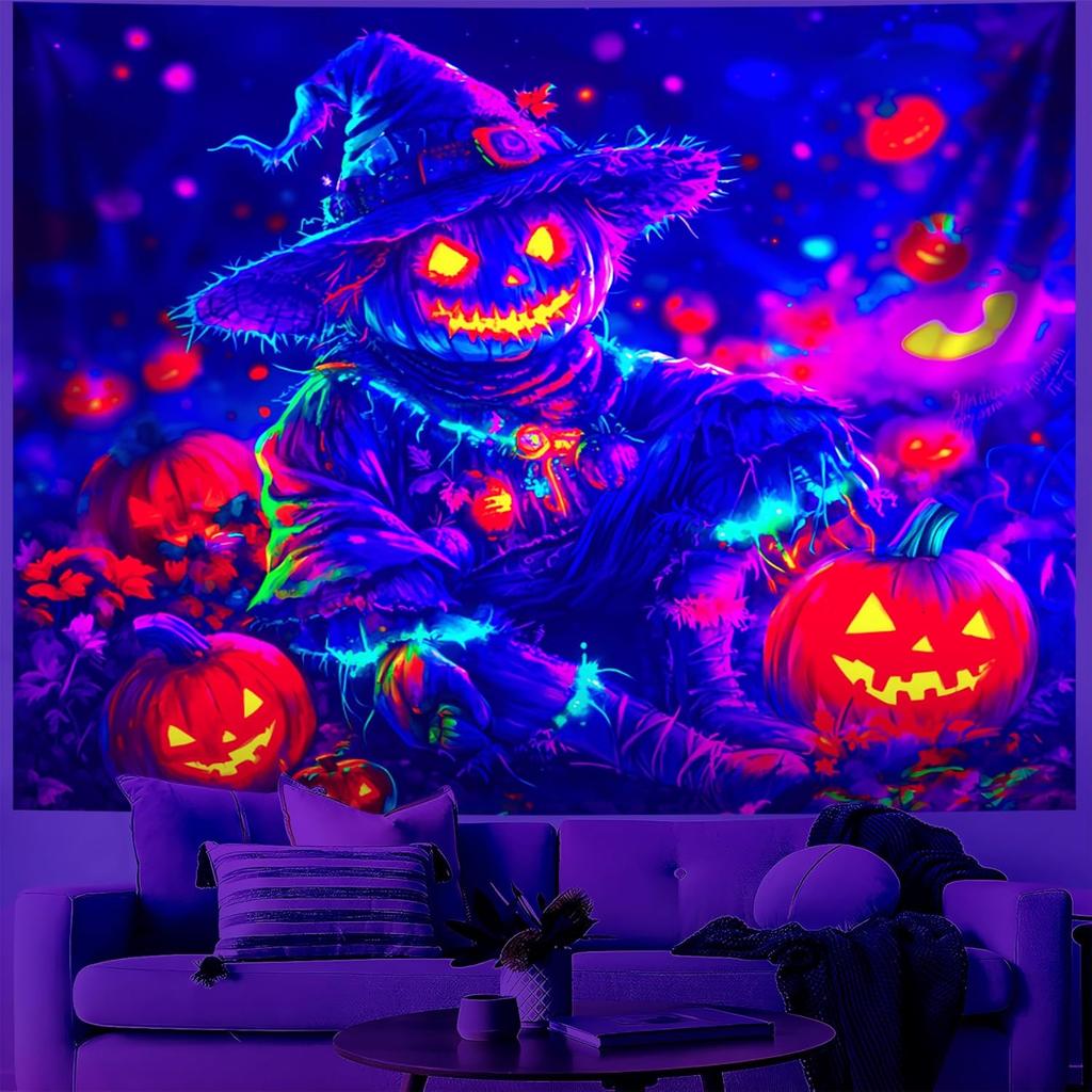 BVBOX Castle Blacklight Halloween Tapestry Horror Moon Night Scary Cemetery Pumpkin Lantern Halloween Tapestry Wall Hanging Skul