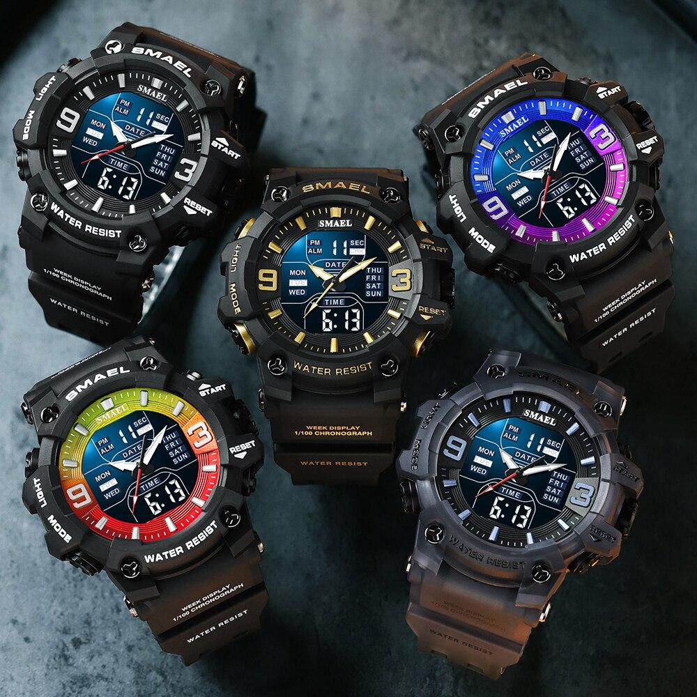 SMAEL Heren Dubbele Display Horloges Sport Waterdicht LED Licht Wekker Dubbele Tijdweergave Week Automatische Datum Polshorloges 8049 Sport Polshorloge