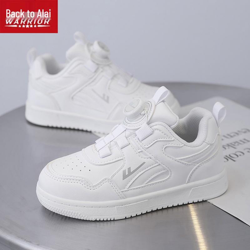 Warrior Kids' Winter 2025 White Leather Sneakers with Rotating Button for Boys and Girls - Versatile Casual Shoes