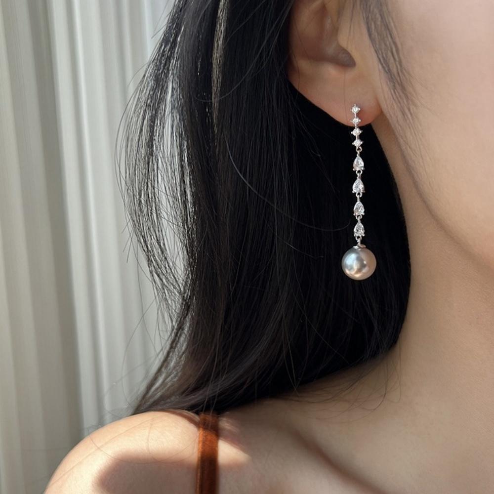 Silver Color Long Tassel Gray Pearl Pendant Earrings For Women Elegance Temperament Shiny Zircon Jewelry Mother's Day Gift