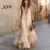 Light Beige Skirt Summer Ruffle Tiered Swing Dress for Women, Boho Beach Daily Outing Flowy Maxi Sundress, Sleeveless A-line Loose Long Casual