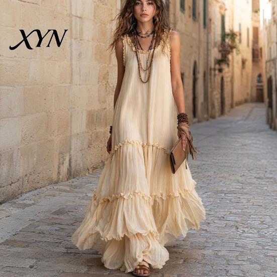 Light Beige Skirt Summer Ruffle Tiered Swing Dress for Women, Boho Beach Daily Outing Flowy Maxi Sundress, Sleeveless A-line Loose Long Casual