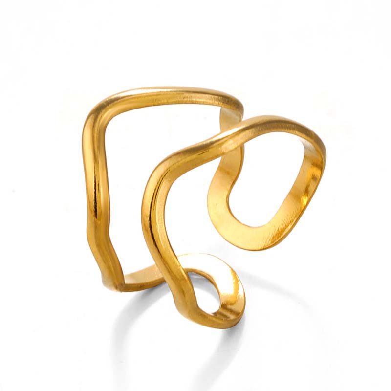 Stainless Steel Gold Color Irregular Geometric Opening Rings for Women Fashion Metal Texture Wide Rings Aesthetic Jewelry Gift