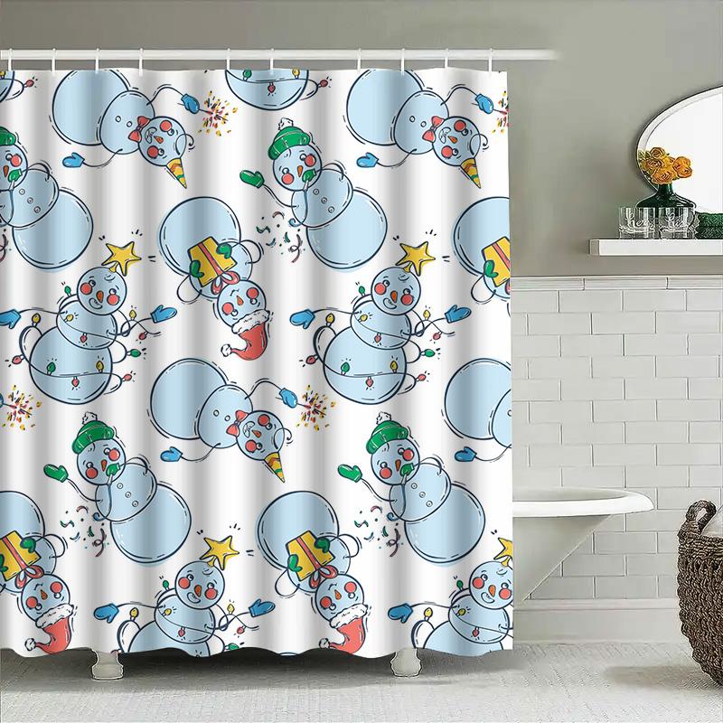

Christmas-themed shower curtain featuring festive snowmen with presents waterproof fabric designed for bathroom decor 90x180cm