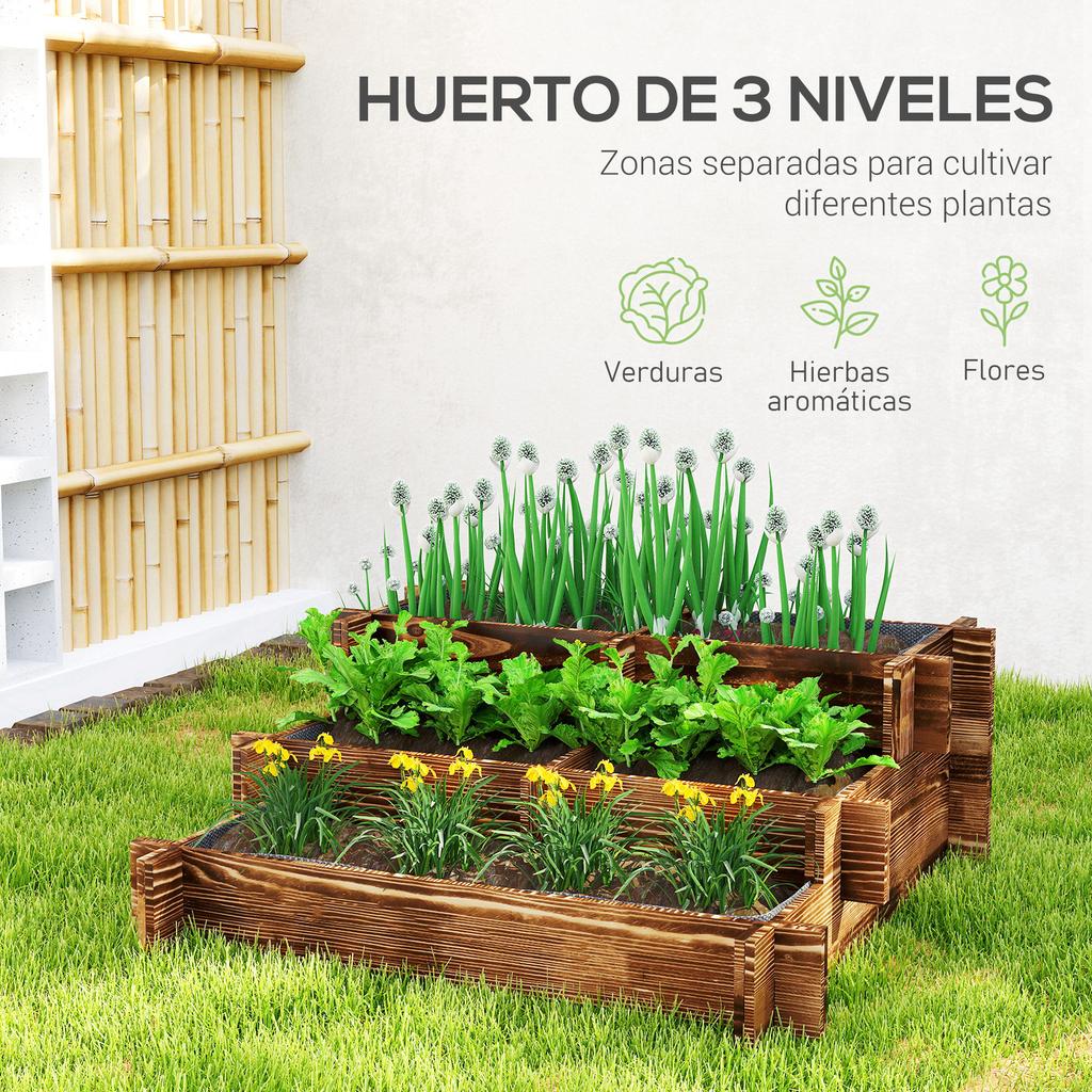 3-Level Garden Bed with Ladder Design and Non-Woven Fabric for Crops Flowers 93x93x35 Cm Charred