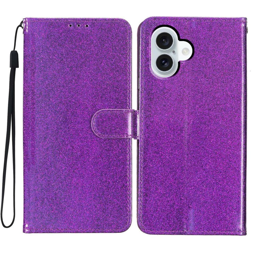 For iPhone 17 Wallet Case Glitter Anti-Scratch Leather Stand Phone Cover with Strap