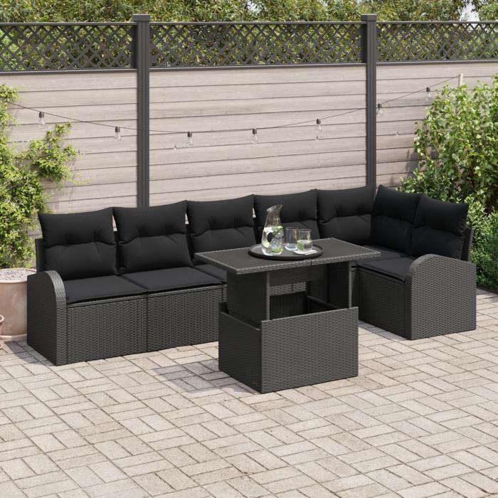Ensemble de 7 Canapés de Jardin avec Coussins en Rattan Noir, Canapé 2 places avec Rangement &amp; Coussins en Rattan Noir 3357396