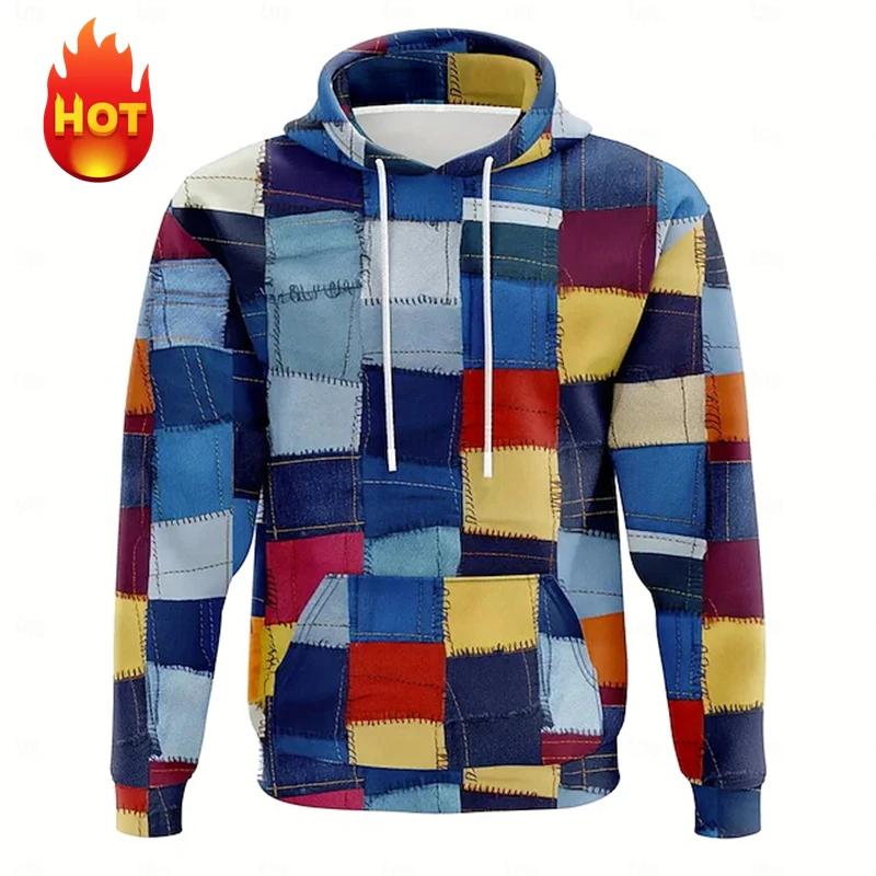 Men's Hoodie 3D Printed Simulation Sewing Plaid Sweatshirts Fashion Men's Clothing