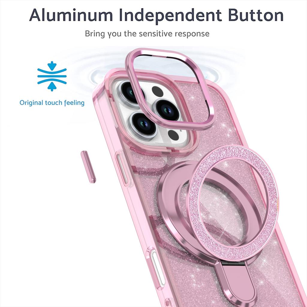 Luxury Glitter Metal Stand Magnetic Wireless Charging Clear Case For iPhone 16 15 14 Plus 13 12 17 Pro Max 17Air Magsafe Cover