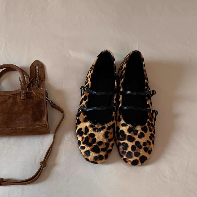 Sheepskin version~ Retro niche leopard print round head shallow mouth flat-bottomed ballet single shoes women's spring Mary Jane shoes