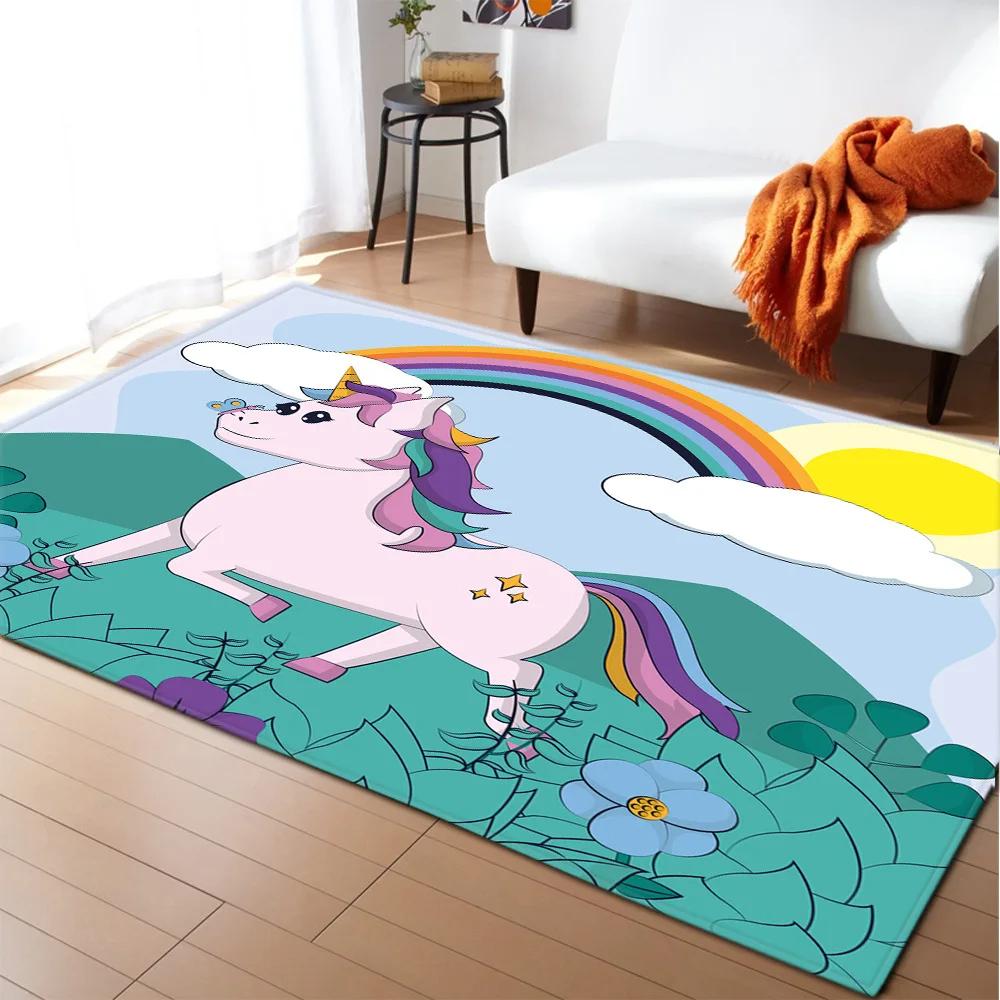Kids Cartoon Unicorn Carpet Fantasy Animal Crawling Mat Doormat Living Room Area Rug Rainbow Shiny Girls Bedroom Soft Floor Mats