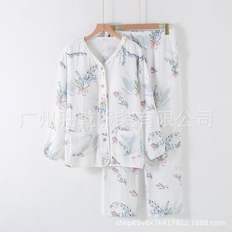 New pajamas women's pure cotton gauze double-layer crepe thin long-sleeved spring and autumn summer collarless cotton loungewear set