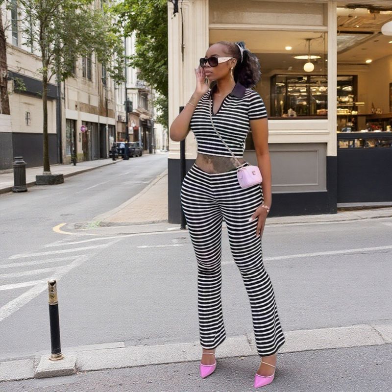 Western Style New Fashion Casual Stripe Top Trousers Set Striped Top and Pants Set