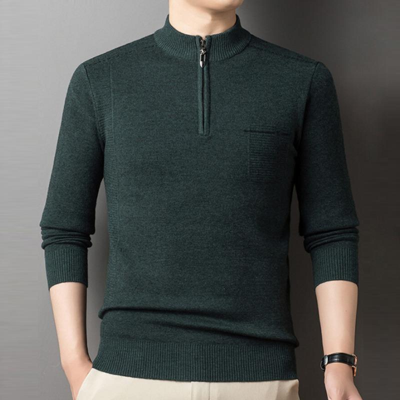 Halbhoher Reißverschlusspullover für Herren im Winter, dicker, warmer, von Vater installierter Herrenpullover mittleren Alters, einfarbiges, gestricktes Unterhemd aus Wolle