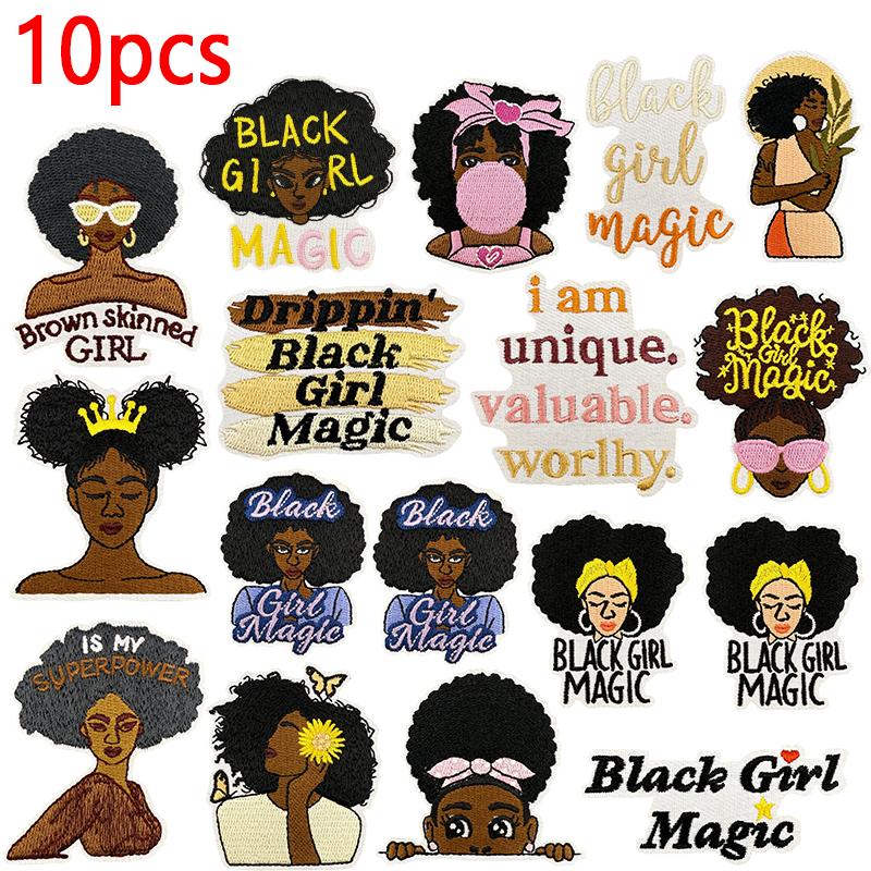 10pcs /Lots Fashion Black Girl Magic Mbroidered Patches Cartoon Letter Slogan Patch Iron On Patches For Clothing Jackets Diy 