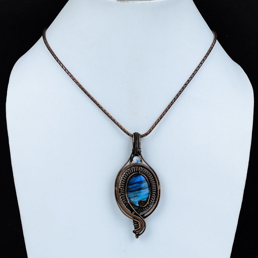 Labradorite, Moonstone Gemstone Pure Copper Wire Wrapped Designer Handmade Pendant Jewelry For Gift