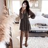 Women's Spring Loose Leopard Print Lantern Sleeve V-Neck Maxi Dress KDN