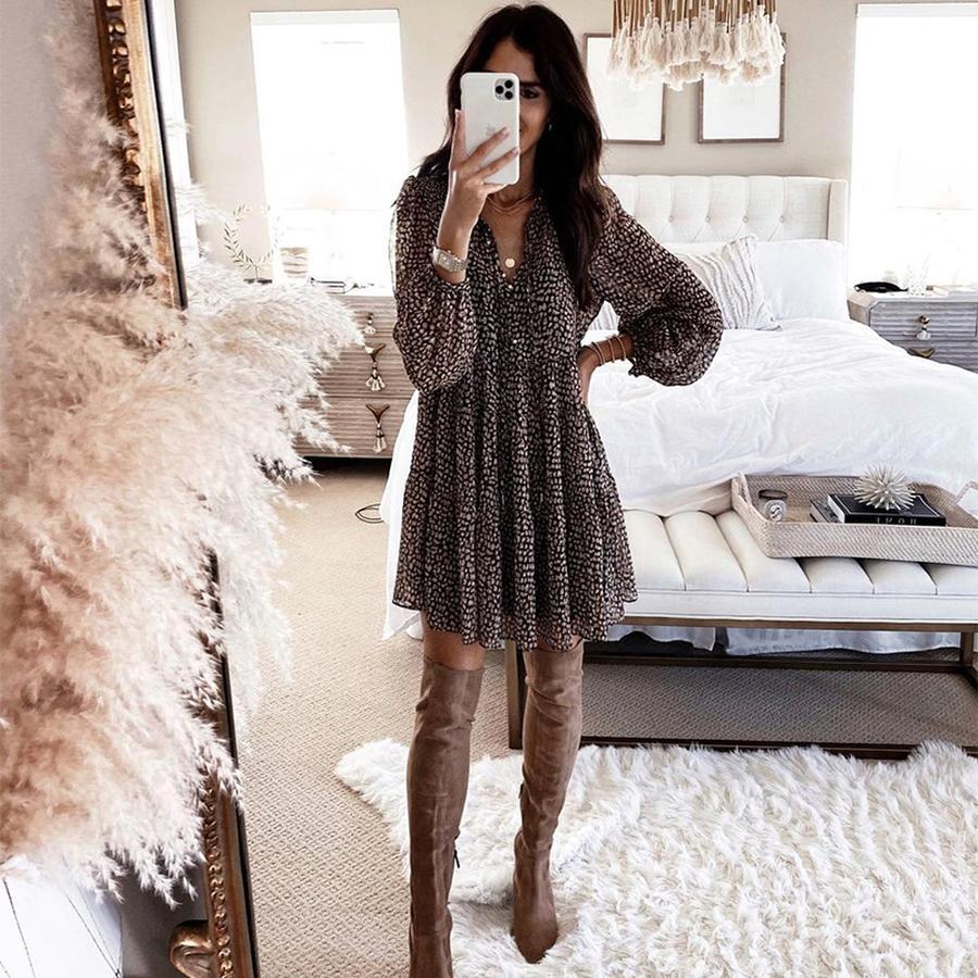 Women's Spring Loose Leopard Print Lantern Sleeve V-Neck Maxi Dress KDN
