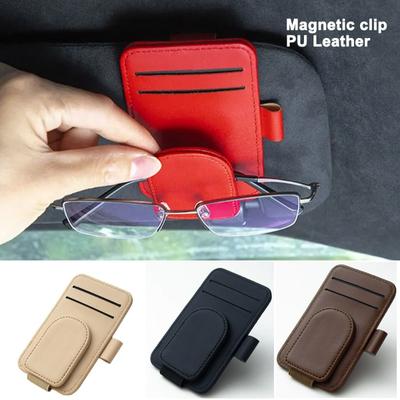 Multifunktionaler PU-Leder Auto Sonnenblenden Brillenhalter Kreativer Sonnenschutz Sonnenbrillen Aufbewahrungsetui Magnetischer Clip Stifthalter Kartenhalter