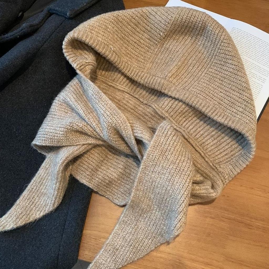 Red Hat Women's Autumn/Winter Warm Knitted Hat Scarf One Piece Hooded Neck Knitted Hat Winter