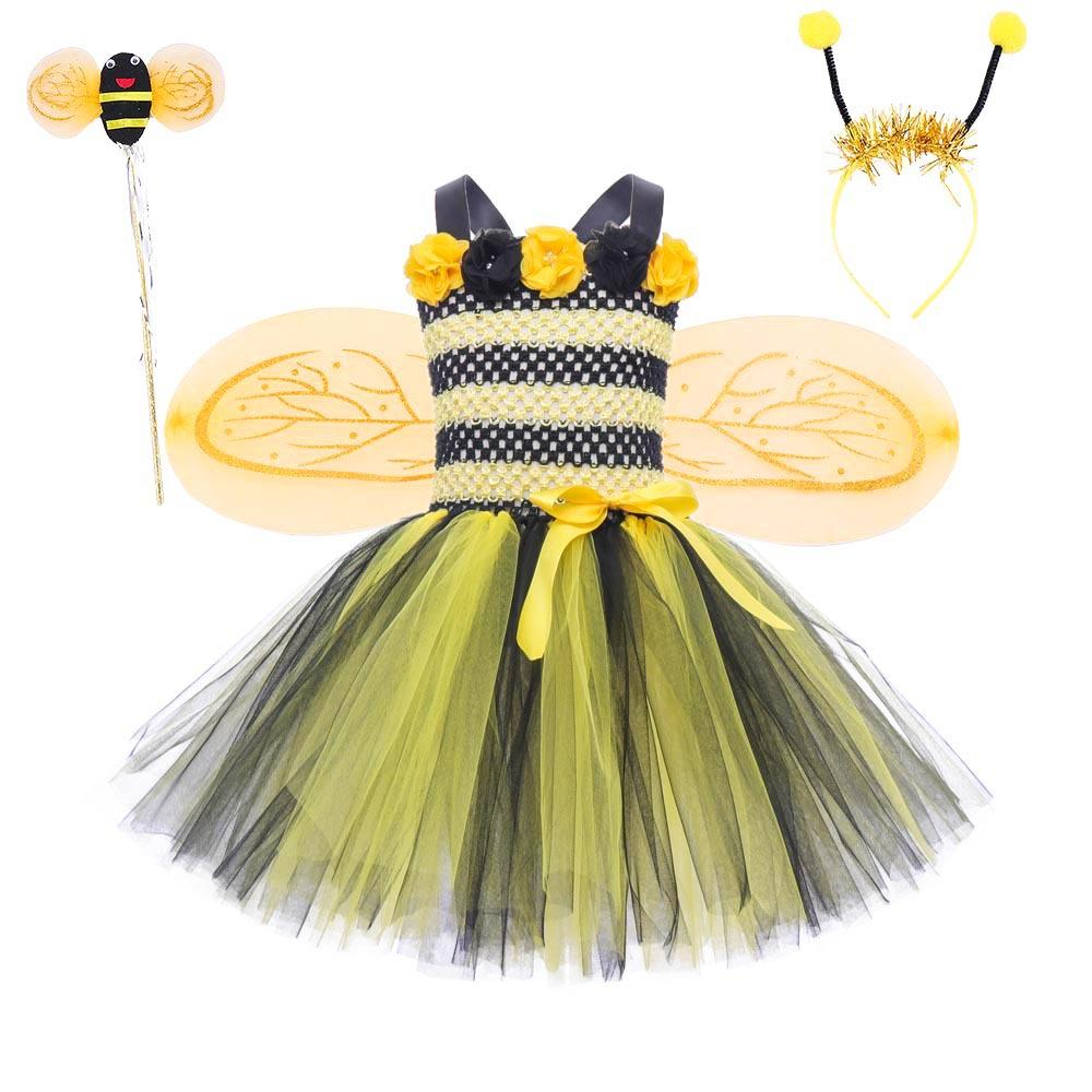 NEW Girls Cosplay Bee Costume Sleeveless Tulle Dress Headband Leg Warmers Wand Wing Sets for Cosplay Party Halloween Outfit