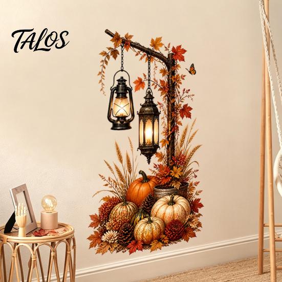 DIY Autumn Room Decor Pumpkin Street Lamp & Maple Leaves Wall Sticker, Waterproof PVC Fall Harvest Removable Leaf Art Decal, Decorative Peel And Stick