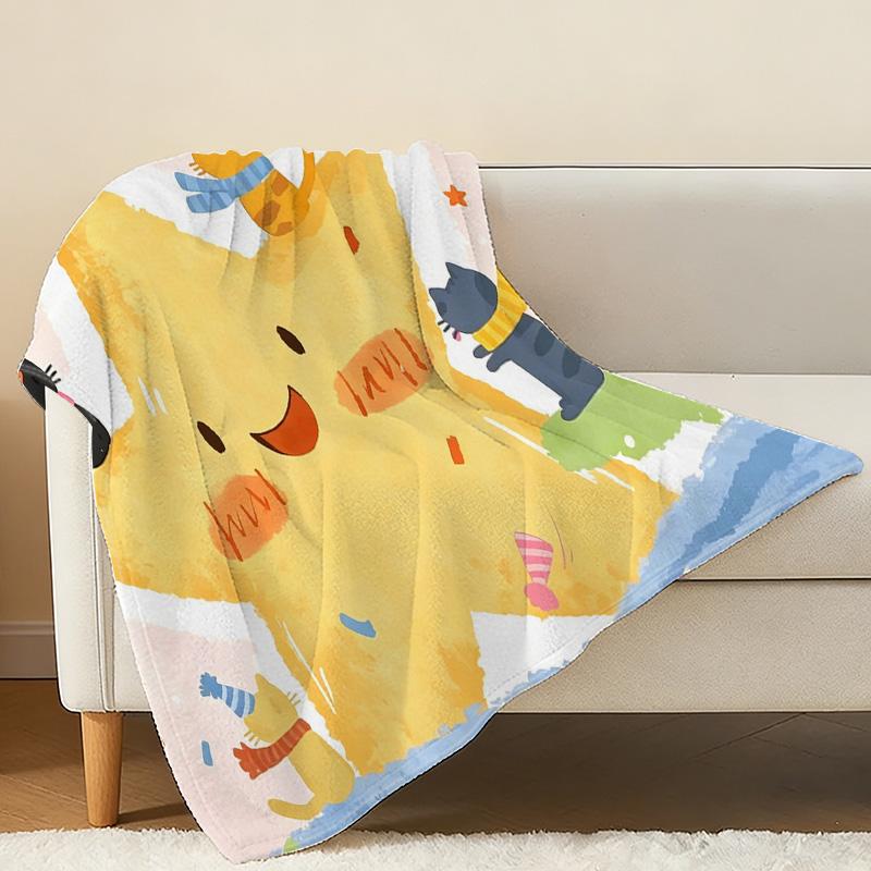 Cartoon Cat & Star Print Flannel Fleece Blanket Ultra Soft, Skin-Friendly Warm Cozy Throw for Home, Couch, Napping, Christmas & Halloween