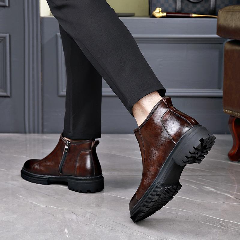 Pánské retro kožené Chelsea boty v římském stylu s bočním zipem - Zimní plus sametové teplé společenské módní.