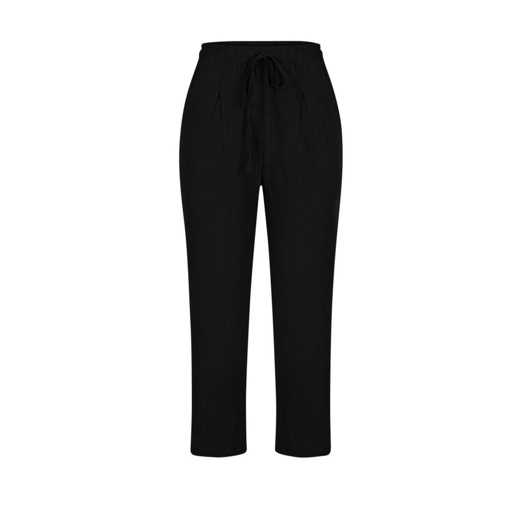 Pantalon droit décontracté pour femme en coton et lin avec cordon de serrage et taille élastique