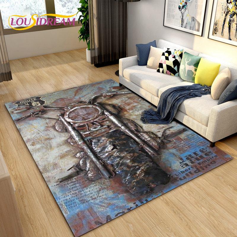 Retro Vintage Motorcycle Area Rug Large,Carpet Rug for Living Room Bedroom Sofa,Kitchen Bathroom Doormat Non-slip Floor Mat Gift