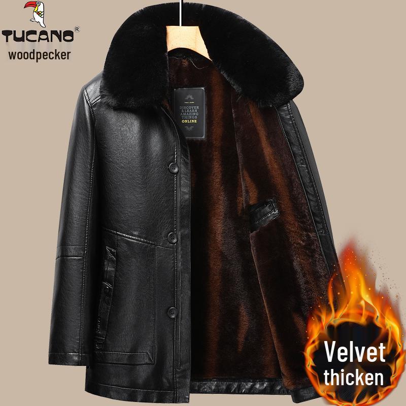 Woodpecker Men's Warm Leather Jacket for Dad and Grandpa - Plus Velvet Winter Coat