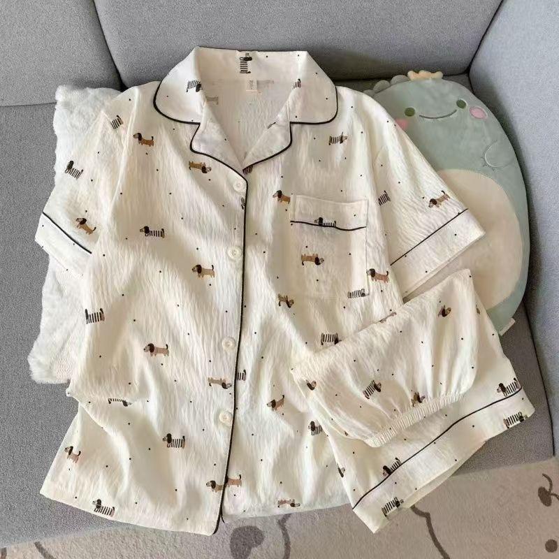 New polka dot sausage puppy pajamas women's summer black edge short-sleeved shorts set soft cute princess style loungewear