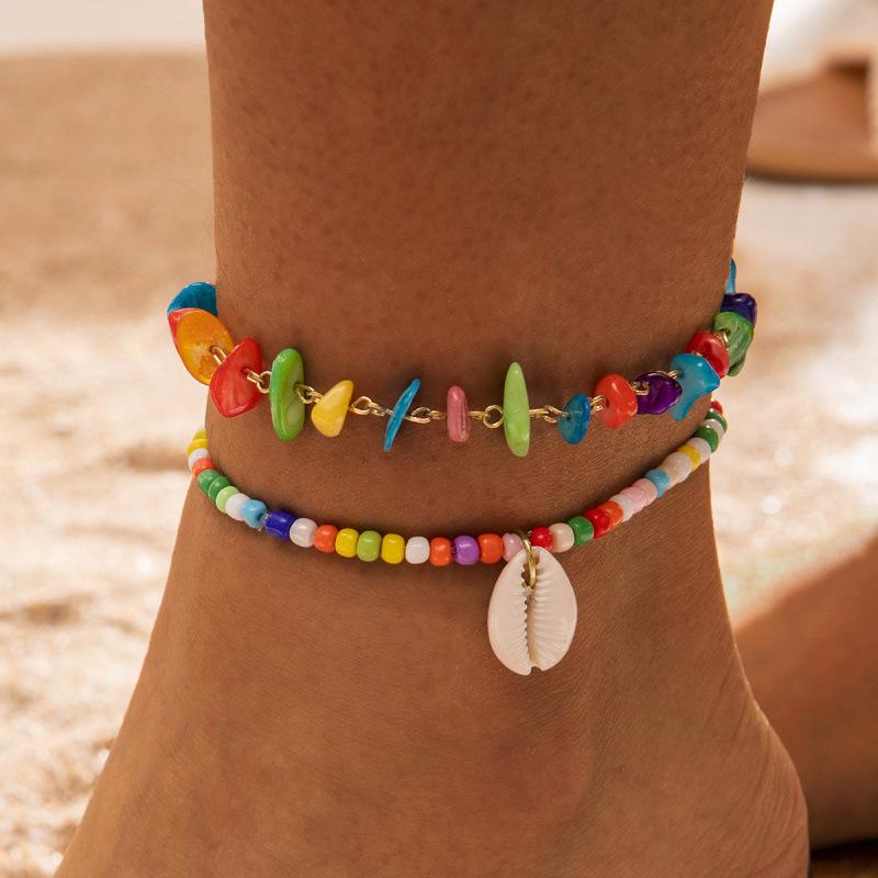 Ocean beach resort wind rice beads two-piece set simple contrasting color shell hand-woven anklet