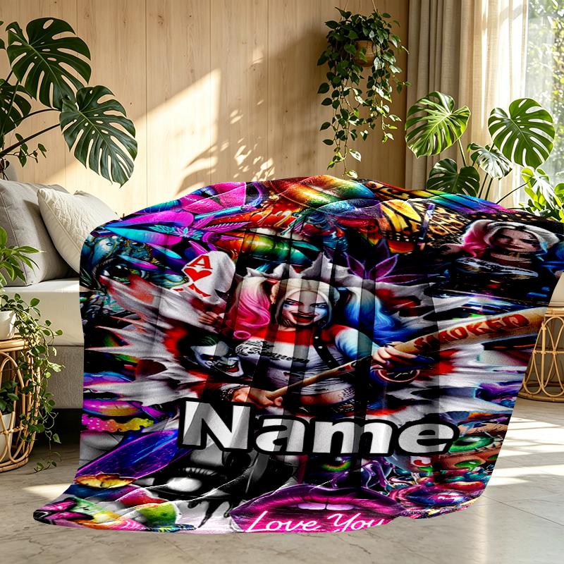 Custom Name Personalized Harley Quinn Joker Print Blanket, Home Decor, Bedroom, Sofa, Camping, Couch, Gifts for Birthday Christmas