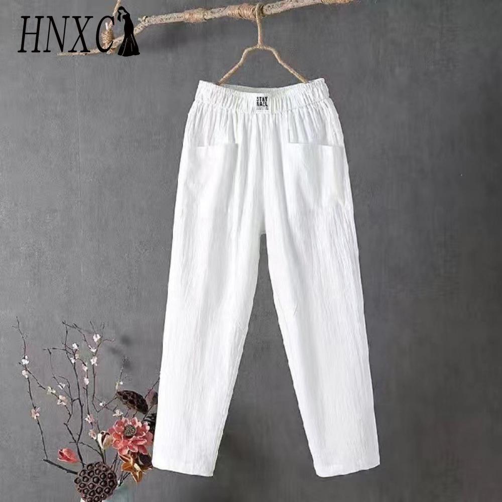 

HNXC Летние женские брюки Повседневные хлопково-льняные брюки Свободные прямые брюки Брюки-гаремы длиной девять точек S белый
