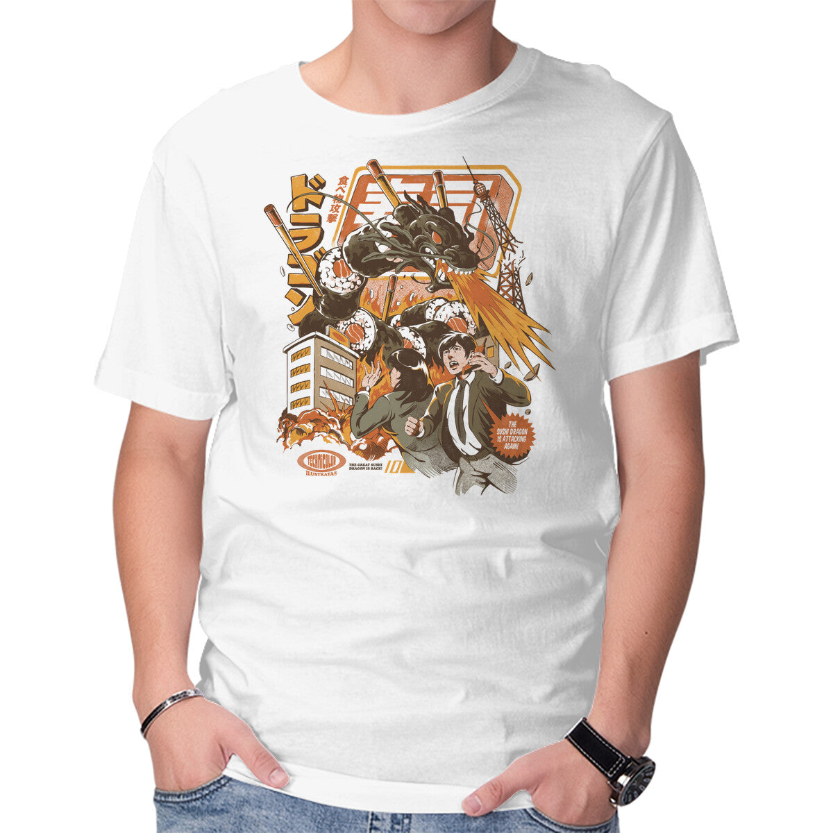 Unisex Crew Neck T-Shirt Sushi Dragon Attack Graphic Short Sleeve Casual Tee M