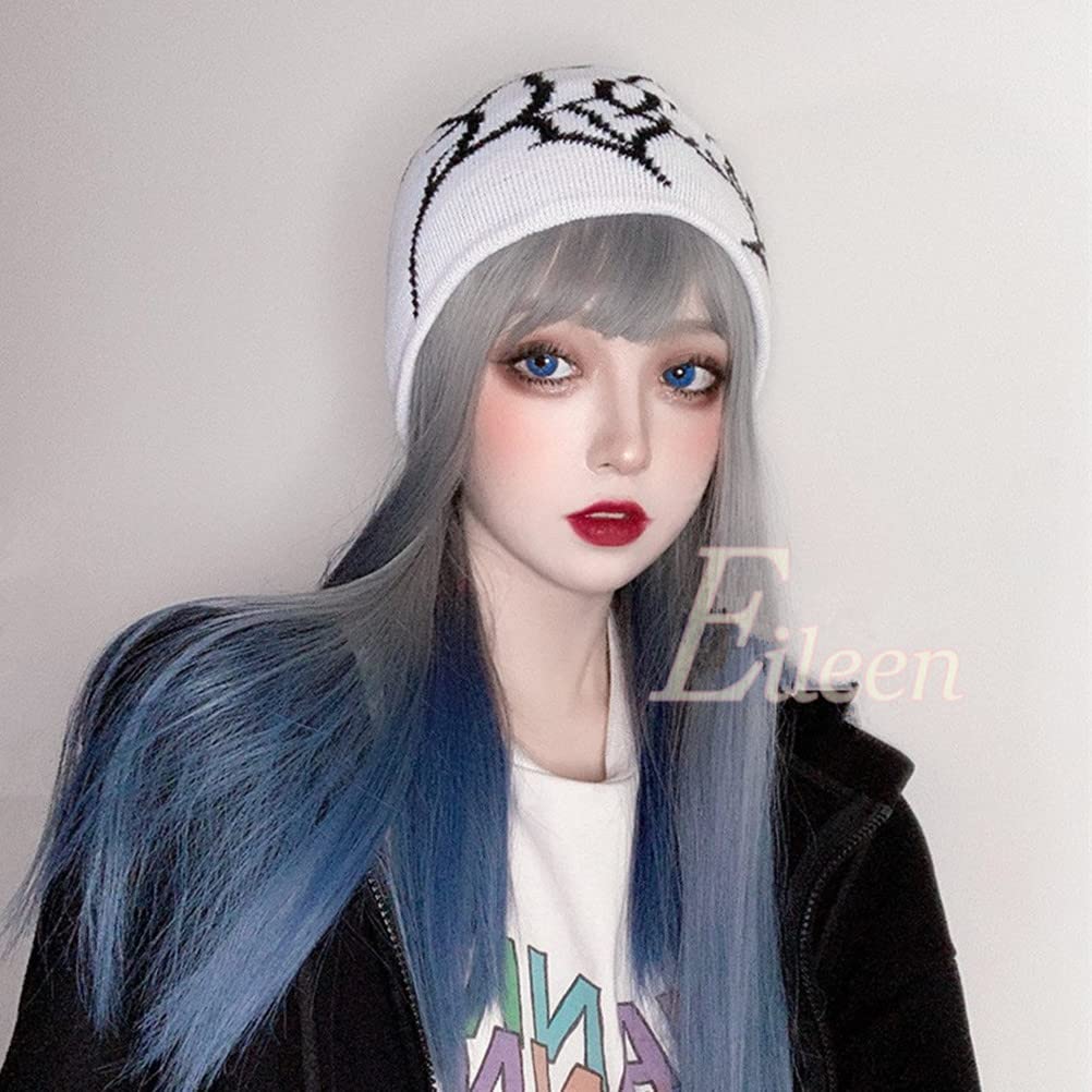 Eileen Blue Gray Medium Long Full Wig Wig Straight Natural Harajuku Style Popular Small Face Effect Cute Medical Women's