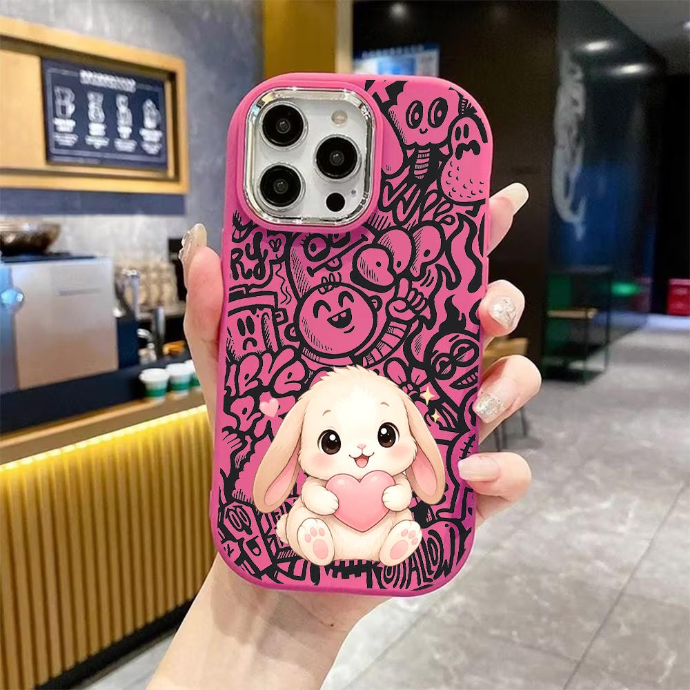Phone Case: 2D Flat Design Suitable for iPhone 18 17 16 15 14 13 Pro Protective Case, Couple Style, Hugging Heart White Rabbit, Christmas and Hallowee