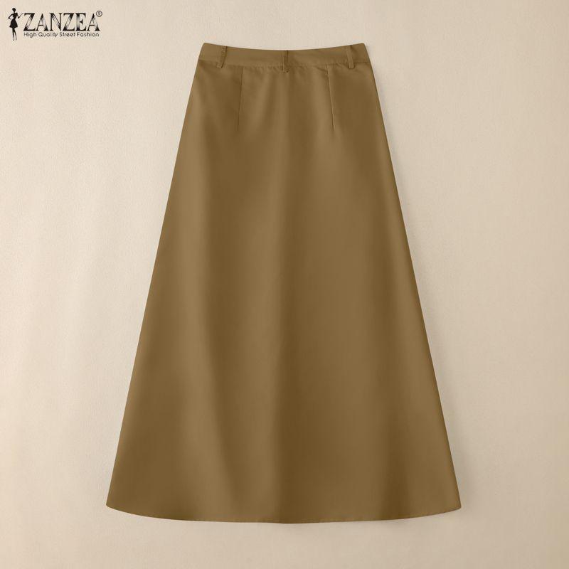 VONDA Women Casual Zip-up Waist Patchwork Pleating Loose A-line Long Skirts