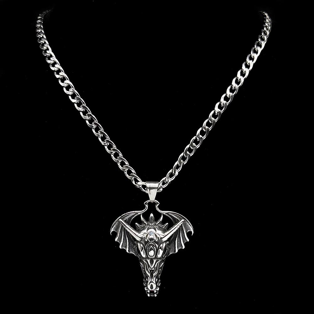 Gothic Dragon Head Wings 316L Stainless Steel Pendant Necklace for Women Men Silver Color Red Rhinestone Jewelry Amulet Gift