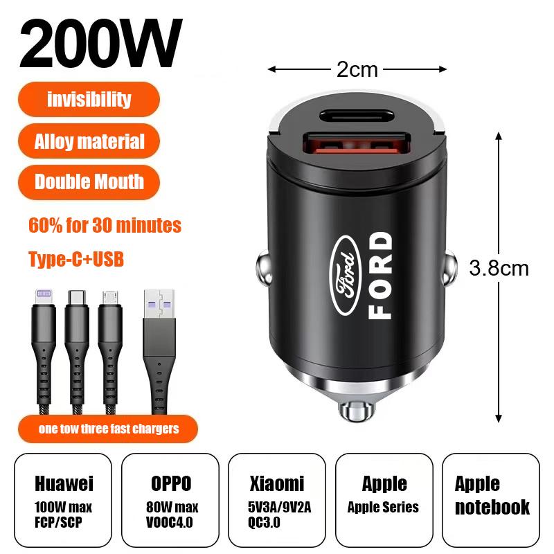 AKQI Car 200W Dual Port Mini USB Type-C Fast Charger Ultra Fast Charging Cigarette Lighter For Ford Fiesta EcoSport ESCORT focus 1