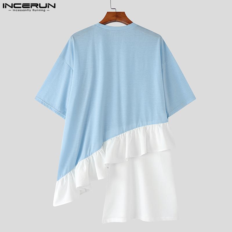INCERUN S-XXXXXL Men O Neck Short Sleeve Patchwork Ruffled Hem Loose T-shirts