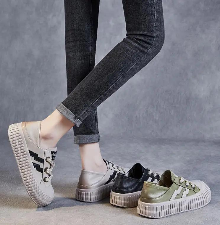 Fashion 2025 Women Flat Platform Shoes Spring Autumn Lace-Up Genuine Cow Leather Mixed Colors Casual Sneakers 4CM Ladies Board Shoes