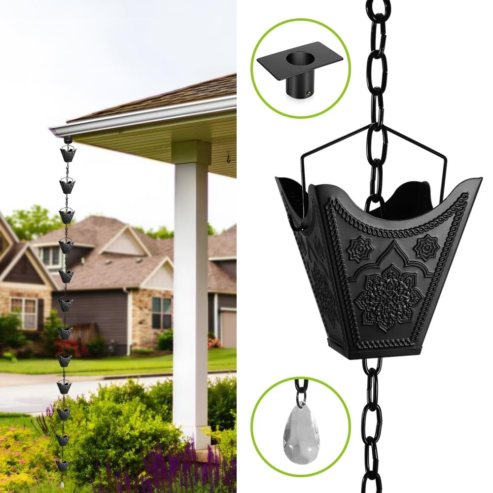 Vindar Rainwater Gutter Rain 12 Large Capacity Metal Cup Rainwater for Outdoor 3D Sculpture Mandala Decorative Black Rain Replacement Rainwater Pipe