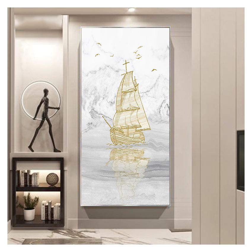 Painting Minimalist Landscape Poster Print Nordic Wall Art Picture Entrance Decoration Abstract Golden Sailing Boat Canvas